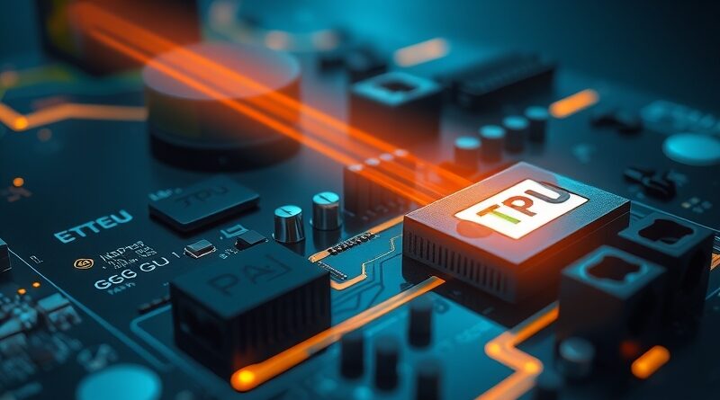 Abstrakcyjna płyta główna, ścieżki światła do TPU Google przyćmiewają GPU Nvidii. Rywalizacja na rynku AI.