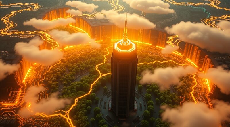 Krzemowy las Trainium: mikrochip Amazona rozświetlony jak amazońska dżungla o świcie, symbol AI.