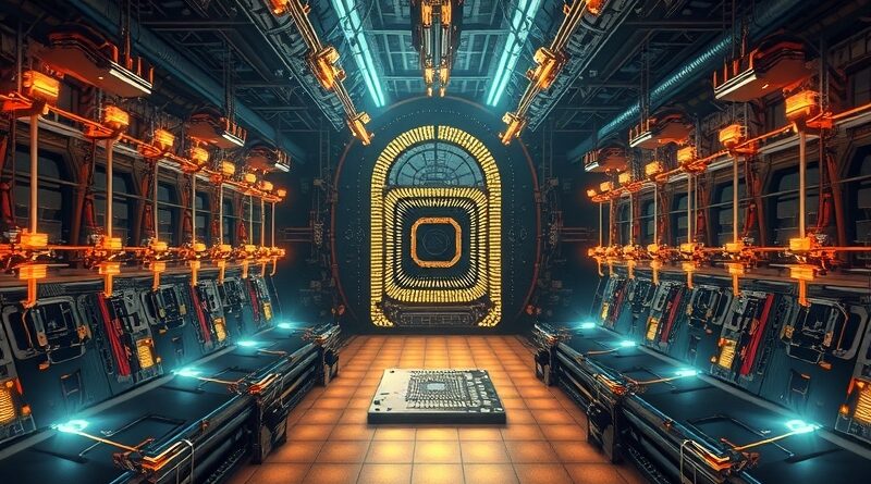 Hiperrealistyczny akcelerator cząstek, "katedra nauki", w sercu krzemowy wafelek. Ilustracja do artykułu o xLight i produkcji chipów.