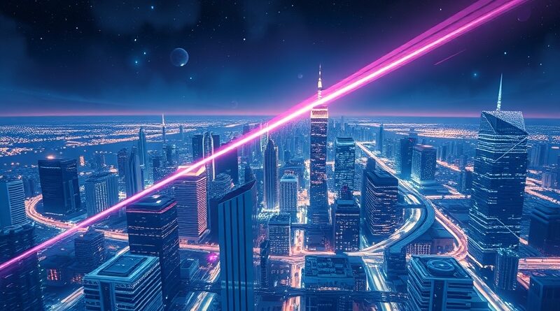 Futurystyczne miasto splecione z krzemowymi płytkami, rozświetlone wiązką energii, symbolizujące ożywienie Prawa Moore’a dzięki technologii xLight.