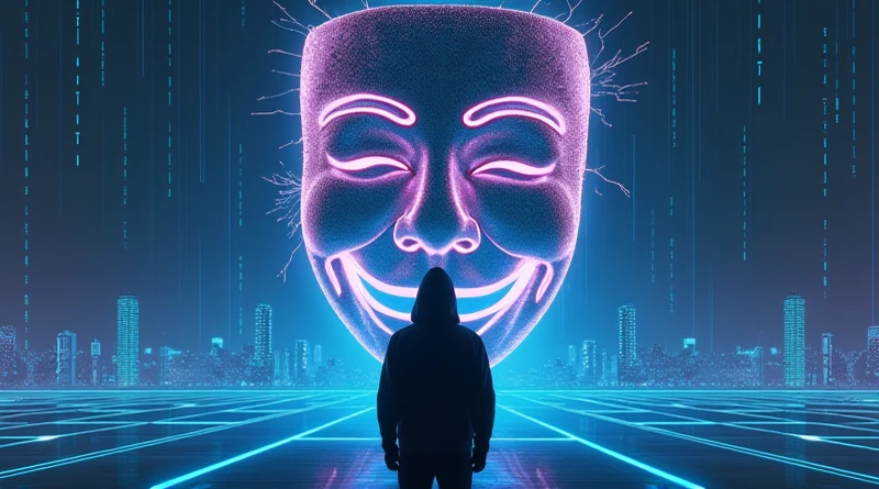 Ilustracja przedstawiająca zaniepokojoną osobę przeglądającą media społecznościowe na telefonie, z ikonami chatbotów AI na tle, symbolizującymi zagrożenia dla młodszych użytkowników