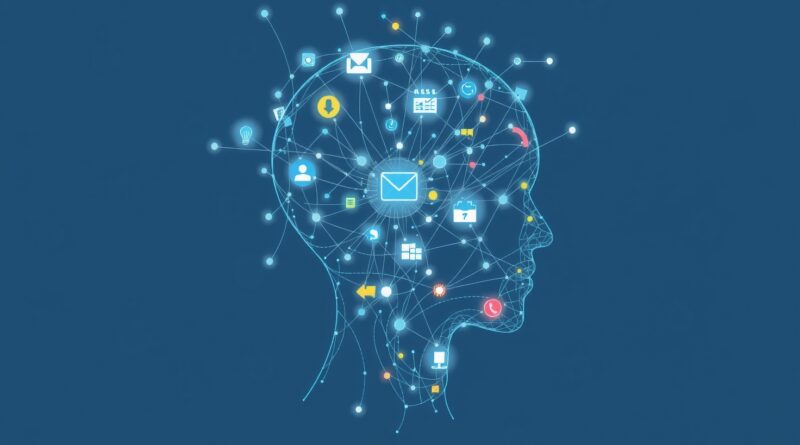 Abstrakcyjna głowa z połączonych węzłów i linii zamieniających się w ikony cyfrowych narzędzi pracy, symbolizująca 11ai.