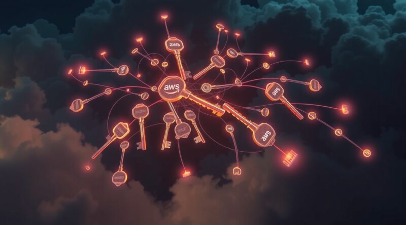 Abstrakcyjna sieć kluczy 1Password i AWS w chmurze, symbolizująca bezpieczeństwo AI i chmury.