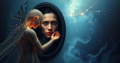 AI, kod i światło wyciągają rękę ku zniekształconemu odbiciu twarzy. Nebula, połączenie i separacja.