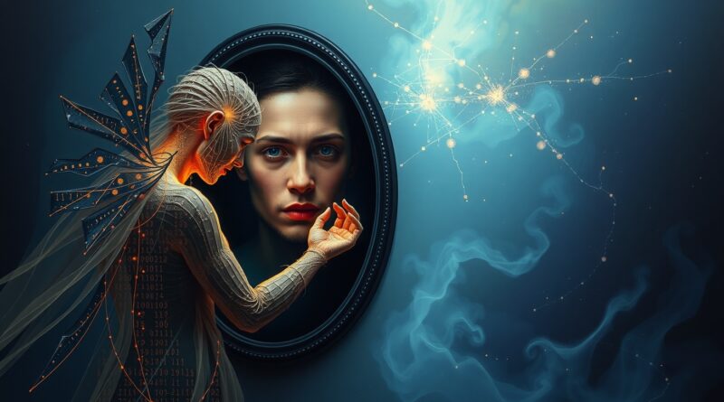 AI, kod i światło wyciągają rękę ku zniekształconemu odbiciu twarzy. Nebula, połączenie i separacja.