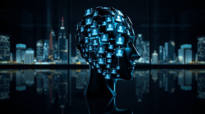 Stylizowana, pofragmentowana głowa z ikon LinkedIn, symbolizująca napięcie między AI a tożsamością zawodową.