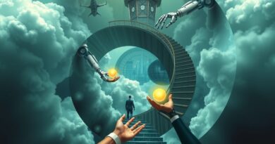 Surrealistyczne schody w chmurach, robotyczne ramiona podają świetliste kule, symbolizując przejście od usług do AI.