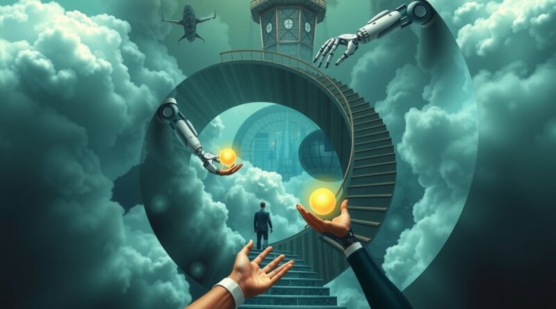 Surrealistyczne schody w chmurach, robotyczne ramiona podają świetliste kule, symbolizując przejście od usług do AI.