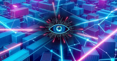 Abstrakcyjna sieć kontenerów, cyfrowe oko AI skanuje dane, neonowe akcenty podkreślają zaawansowaną technologię.