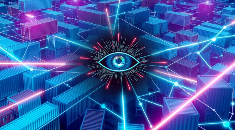 Abstrakcyjna sieć kontenerów, cyfrowe oko AI skanuje dane, neonowe akcenty podkreślają zaawansowaną technologię.