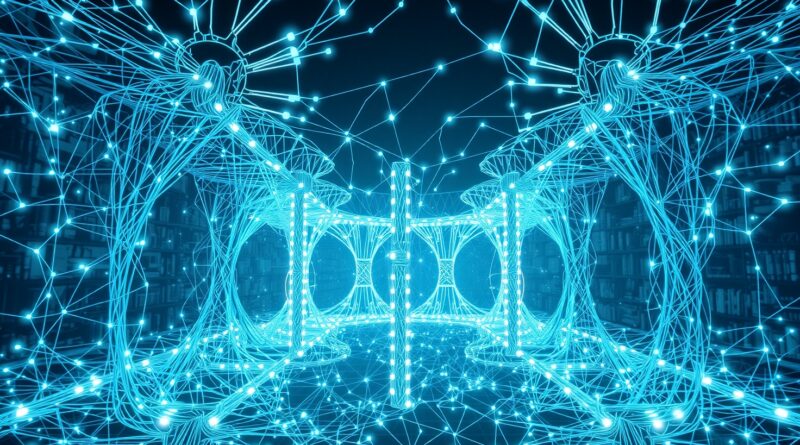 Abstrakcyjna sieć neuronowa z nitkami języków, tworząca bibliotekę przyszłości. Bioluminescencja symbolizuje przetwarzanie AI.