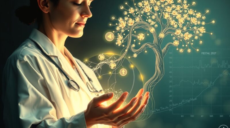 Doktor trzymający świecącą sieć neuronową, symbol AI w medycynie i postępu w Abridge.