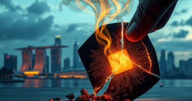 Pęknięty krzemowy wafer, singapurska panorama w tle, ulotny kod, symbol nielegalnego transferu technologii AI.