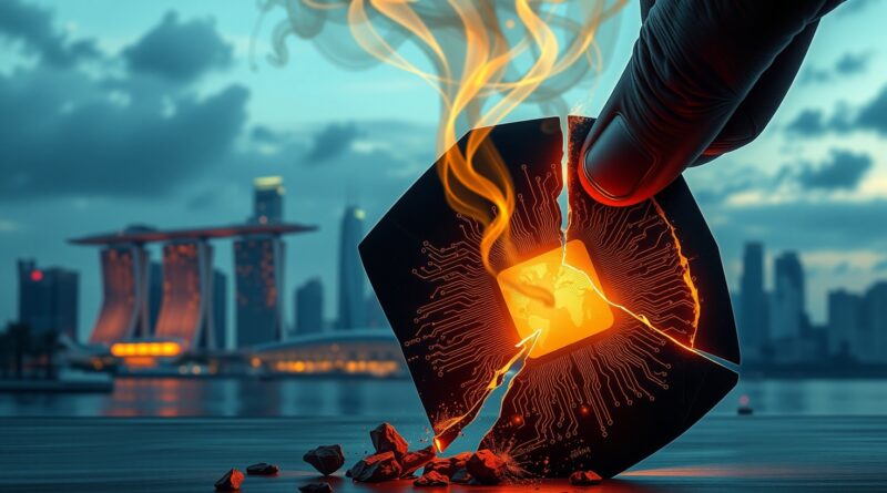 Pęknięty krzemowy wafer, singapurska panorama w tle, ulotny kod, symbol nielegalnego transferu technologii AI.