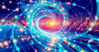 Abstrakcyjna wizualizacja AI Sakana optymalizującego: wirujące linie i węzły w błękitach, zieleniach i purpurach.