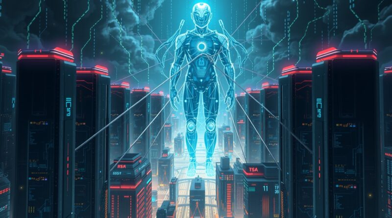 Futurystyczne miasto serwerów pod ochroną eterycznej figury CISO, symbolizującej AgenticOps i bezpieczeństwo inwestycji w AI.