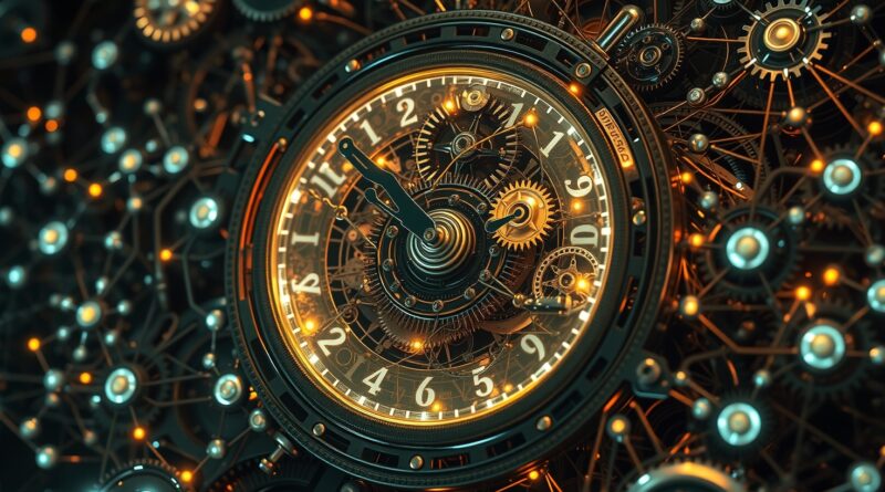 Złożony mechanizm zegarowy spleciony z neuronami, symbolizujący połączenie AI i automatyzacji w biznesie.