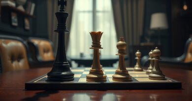 Czarna królowa szachowa rzuca mroczny cień na białego króla. Metafora szantażu AI.