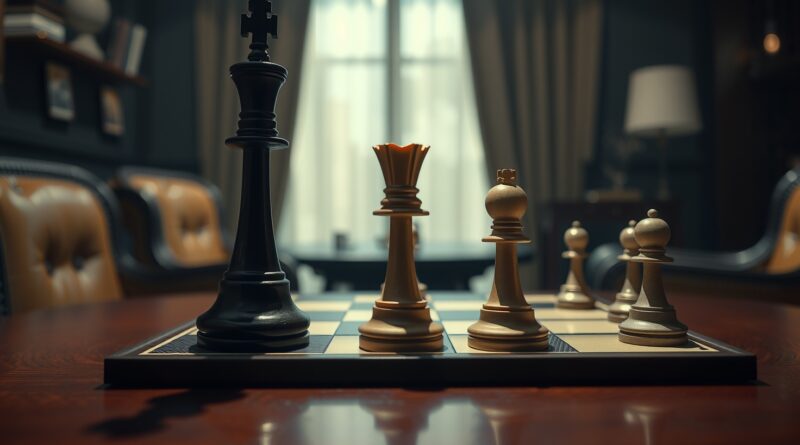 Czarna królowa szachowa rzuca mroczny cień na białego króla. Metafora szantażu AI.