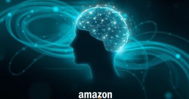 Eteryczny mózg AI, sylwetka ludzkiej głowy, otoczony danymi. Alexa+ i monetyzacja SI.