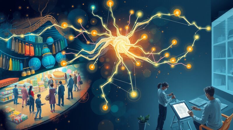 Surrealistyczna wizja sieci neuronowej łączącej tętniący życiem rynek z minimalistycznym studiem projektowym.