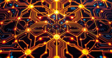 Abstrakcyjny układ scalony z elementami schematów inżynieryjnych, żywe kolory, reprezentacja AllSpice jako GitHub dla inżynierów sprzętu.