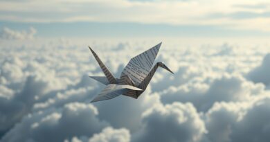 Origami żuraw z dokumentów Amazon, lot na tle nieba, symbol redukcji etatów przez AI.