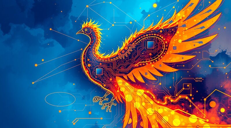 Abstrakcyjny feniks AI powstający z płyty głównej, symbolizujący odejście lidera i wyścig o talenty w AWS.