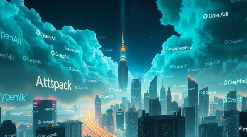 Futurystyczna metropolia z kodu, wieża Cursor, logo AI, Anysphere przebija chmury światłem.