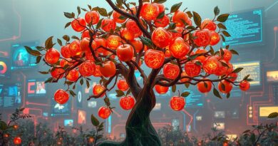 Surrealistyczne jabłko-drzewo z cyfrowego sadu. Translucentne jabłka z danymi, tło z fragmentami ekranów. Apple Intelligence.