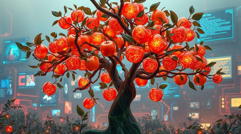 Surrealistyczne jabłko-drzewo z cyfrowego sadu. Translucentne jabłka z danymi, tło z fragmentami ekranów. Apple Intelligence.