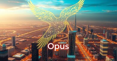 Stylizowany sokół z kaligrafią, symbol ZEA, leci przez cyfrowe miasto z logo Opus. Innowacja i tradycja.