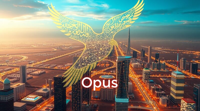 Stylizowany sokół z kaligrafią, symbol ZEA, leci przez cyfrowe miasto z logo Opus. Innowacja i tradycja.