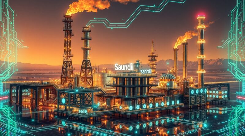 Hyperrealistyczna rafineria Aramco opleciona cyfrowymi obwodami AI. Synteza energii, technologii i pustynnego krajobrazu Arabii Saudyjskiej.