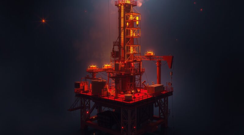 Abstrakcyjna platforma wiertnicza spleciona z siecią neuronową, symbol AI napędzającego zyski Aramco.