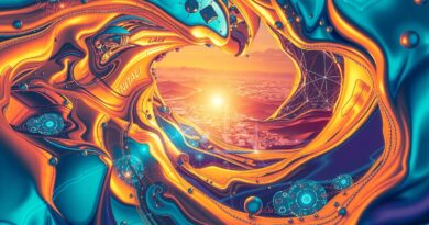 Wirująca, opalizująca ropa naftowa spływa w punkt światła. Złote pustynie przechodzą w futurystyczne miasta SI.