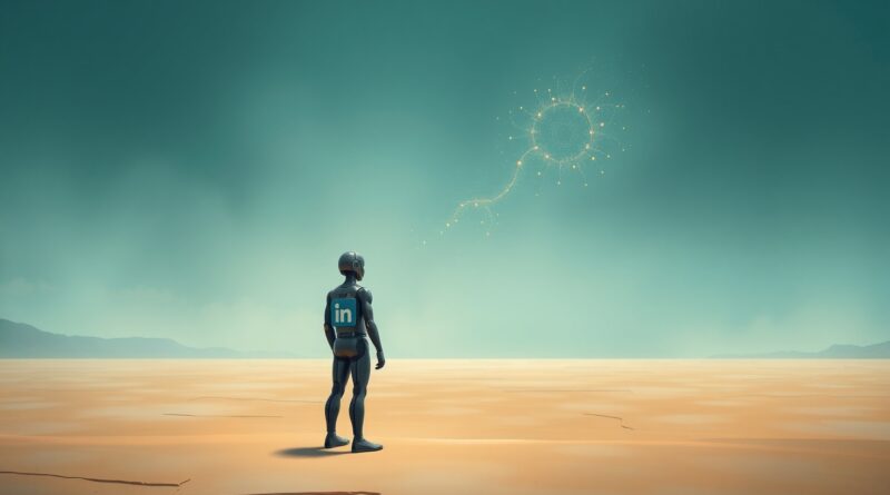Smutny automat-logo LinkedIn spogląda na oddalające się światła AI, symbolizując utracone szanse zawodowe.
