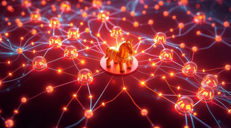 Dynamiczna sieć biznesów "donkeycorn" zasilana AI, połączona z centralnym węzłem Audos. Nowoczesna, cyfrowa wizja przyszłości przedsiębiorczości.