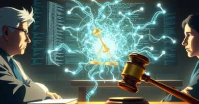 Salę sądową rozświetla surrealistyczna poświata, między młotkiem sędziego a kodem i hologramem AI.