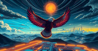 Stylizowany orzeł z paneli słonecznych leci ku futurystycznemu miastu na tle obwodu i dramatycznego nieba.