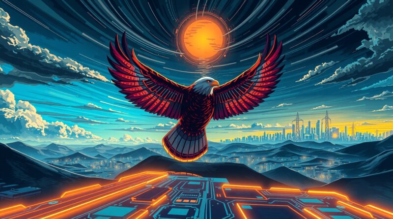 Stylizowany orzeł z paneli słonecznych leci ku futurystycznemu miastu na tle obwodu i dramatycznego nieba.