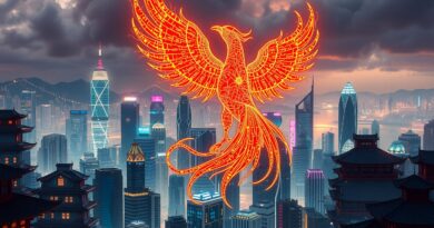 Futurystyczny cyberpunkowy Hong Kong. Feniks zbudowany z mikroczipów wznosi się nad miastem. Metafora technologicznej odnowy Chin.