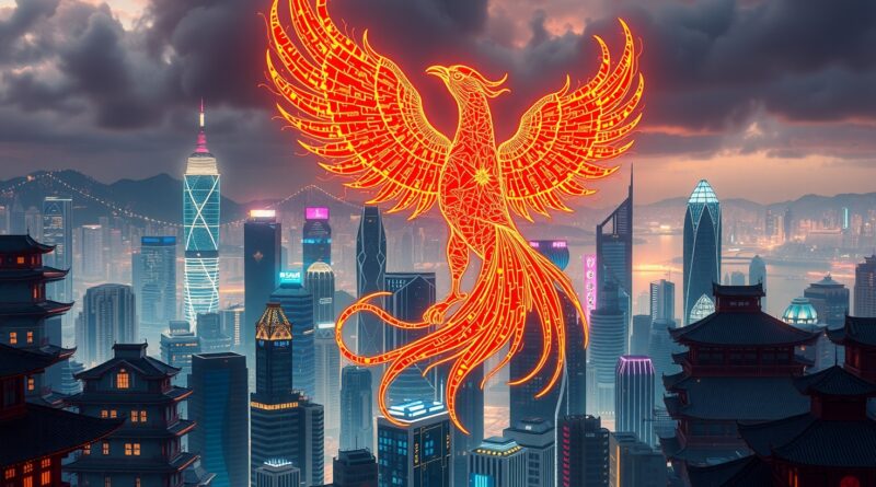 Futurystyczny cyberpunkowy Hong Kong. Feniks zbudowany z mikroczipów wznosi się nad miastem. Metafora technologicznej odnowy Chin.