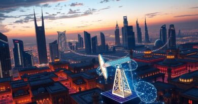 Futurystyczny Bliski Wschód: Wieżowce, tradycyjna architektura, AI i energia w cyfrowej transformacji o zmierzchu.
