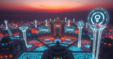 Futurystyczna bliskowschodnia metropolia AI pod rozgwieżdżonym niebem, symbol rozwoju technologicznego regionu.