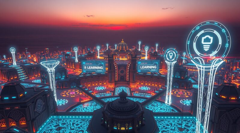 Futurystyczna bliskowschodnia metropolia AI pod rozgwieżdżonym niebem, symbol rozwoju technologicznego regionu.