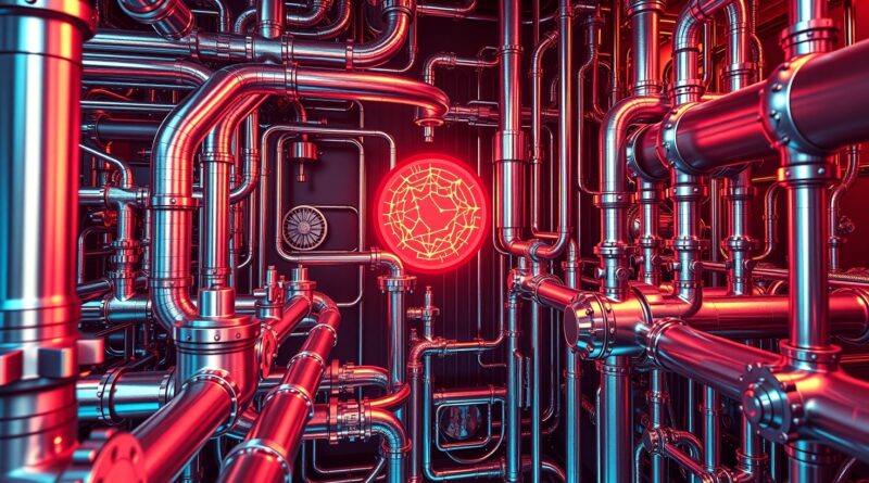 Sieć rurociągów i zaworów w iryzujących barwach, nakładka neuronowa, futurystyczny design i synergia technologii Borouge i Honeywell.