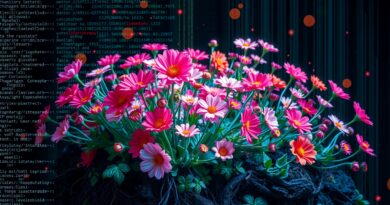 Algorytmiczny ogród: kod jako kwitnące kwiaty, strumienie danych jako korzenie.