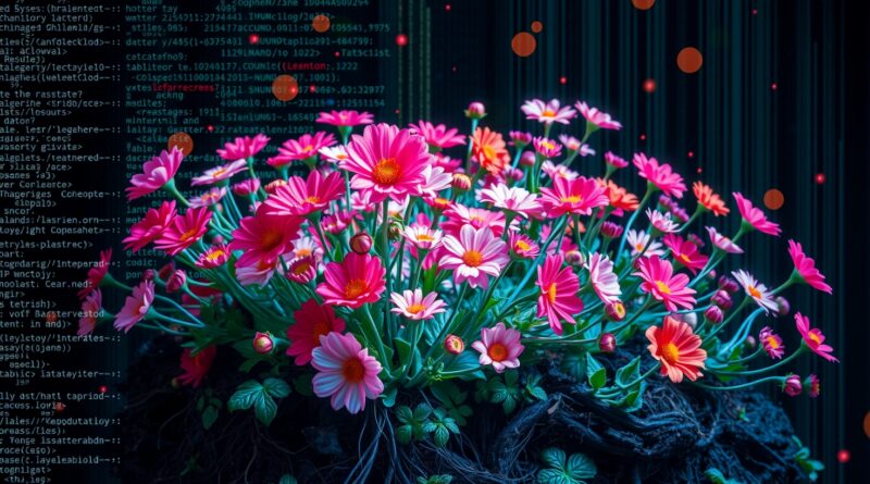 Algorytmiczny ogród: kod jako kwitnące kwiaty, strumienie danych jako korzenie.