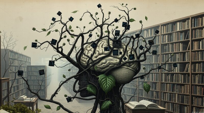 Mózg w obwodach, opleciony pnączami, zanurzający się w bibliotecznym tle. Symbol drenażu poznawczego przez AI.